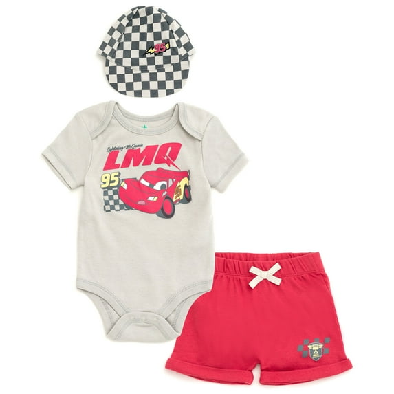 Disney Cars Lightning McQueen Bodysuit, Shorts and Baseball Cap 3 Piece Outfit Set Newborn to Infant