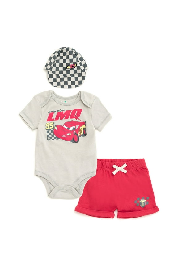 Cars Lightning McQueen Bodysuit, Shorts and Baseball Cap 3 Piece Outfit Set Newborn to Infant