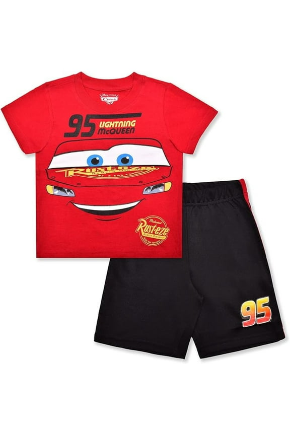 Pixar Cars Lightning McQueen Boys’ Short Sleeve T-Shirt and Shorts Set for Toddlers, Little and Big Kids – Black/Red