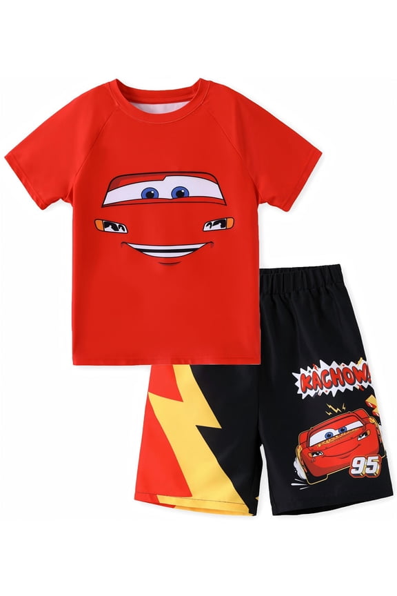 Cars Lightning McQueen Boys Swim Set Short Sleeve UFP50+ Rash Guard Top and Swim Trunks Outfit Bathing Suits Kids 2–9Y