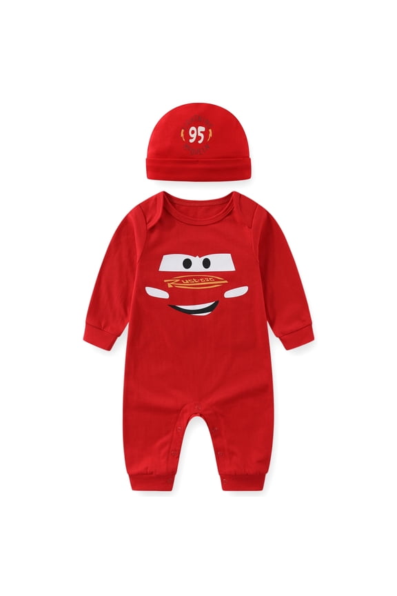 Cars Lightning McQueen Long Sleeve Romper Coverall with Hat (Baby Boys), 2 Piece Set, Sizes NB-24M
