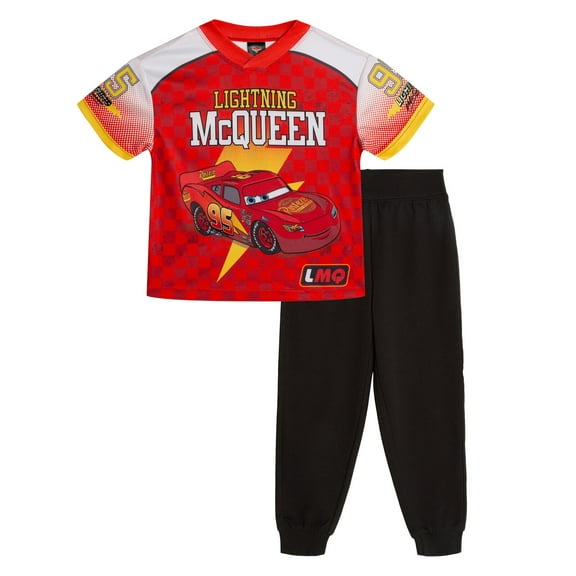 Disney Cars Lightning McQueen Mesh V-neck T-Shirt and French Terry Jogger Pants Outfit Set Toddler to Little Kid