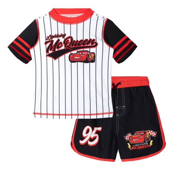 Disney Cars Lightning McQueen Raglan Rash Guard and Swim Trunks UPF 50+ Outfit Set Toddler to Little Kid