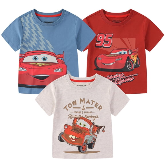 Disney Cars Lightning McQueen Short Sleeve Crew Neck T-Shirt (Boys), 3 Pack, Sizes 2T-7