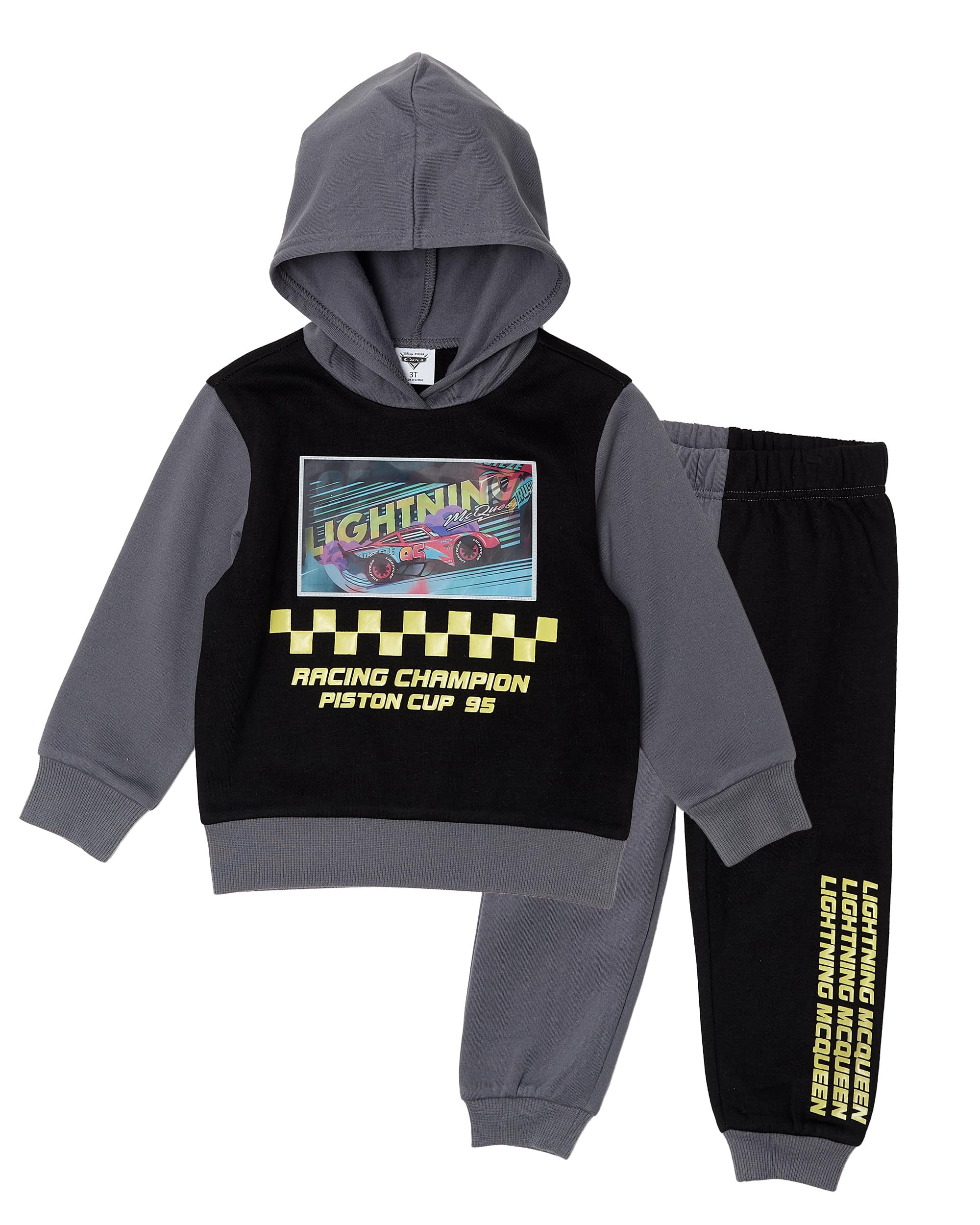 Disney Cars Lightning McQueen Toddler Boys’ Outfit Set - Two Piece Hoodie Sweatshirt with Holographic Patch & Gloss Ink Jogger Pants (Grey, 3T)