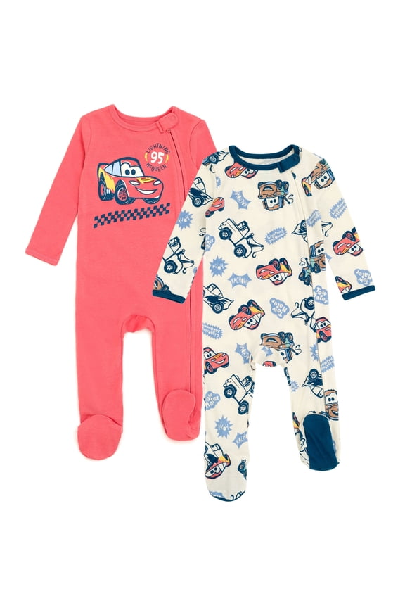 Cars Baby Boys' 2-Pack Footed One-Piece Sleep N' Play McQueen Coral White