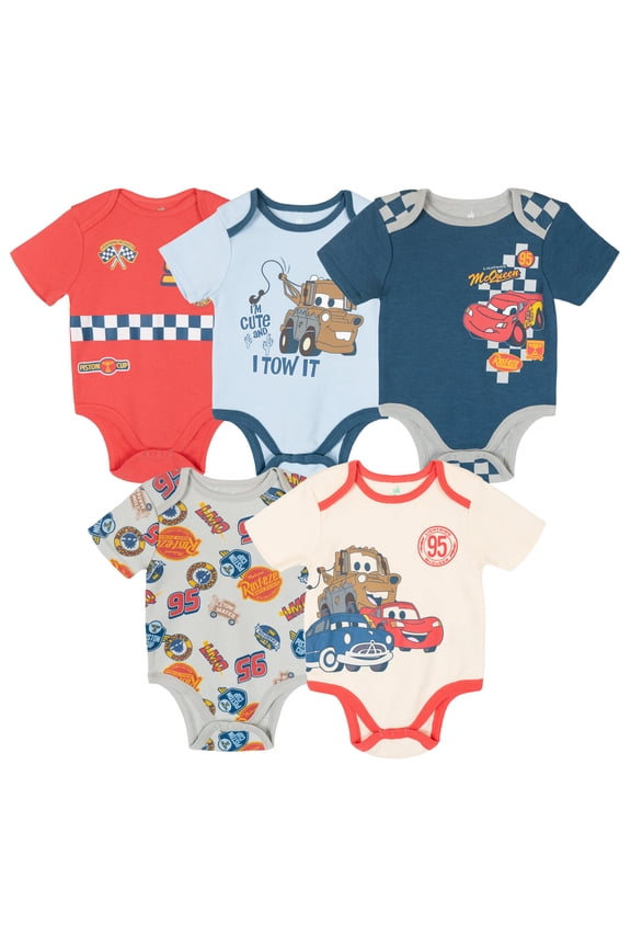 Cars Lightning McQueen Tow Mater Doc Hudson 5 Pack Bodysuits Newborn to Infant