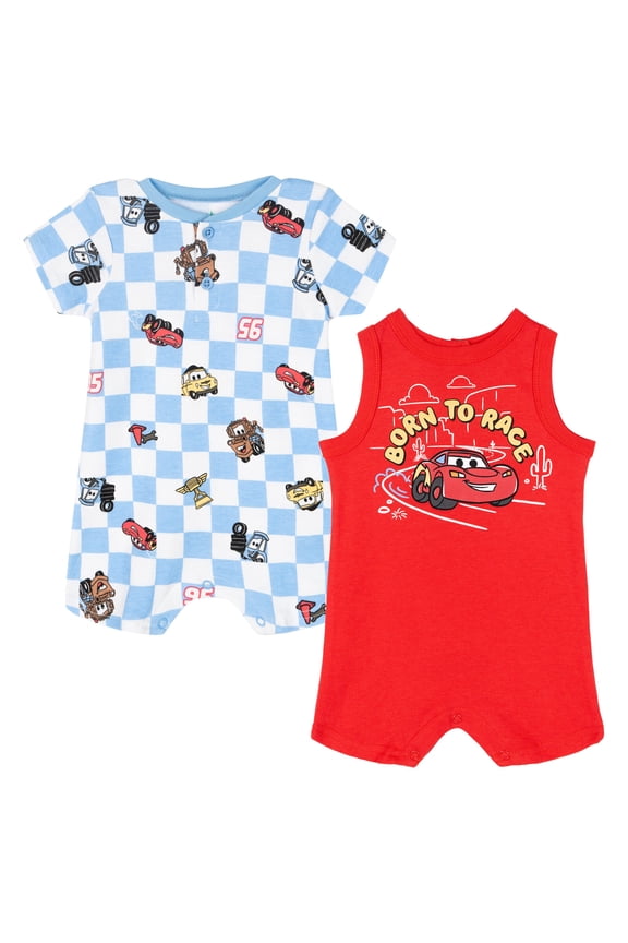 Cars Lightning McQueen Tow Mater Guido Henley Romper and Sleeveless Romper Newborn to Infant