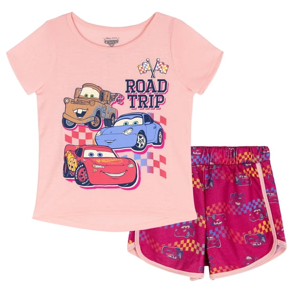 Disney Cars Lightning McQueen Tow Mater Sally Carrera T-Shirt and French Terry Dolphin Shorts Outfit Set Toddler to Big Kid