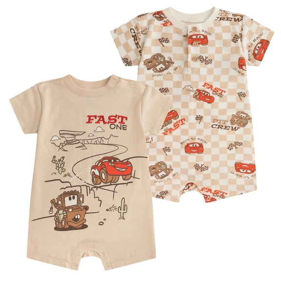 Disney Cars Lightning McQueen Tow Mater Short Sleeve Romper (Baby Boys), 2 Pack, Sizes 3M-18M