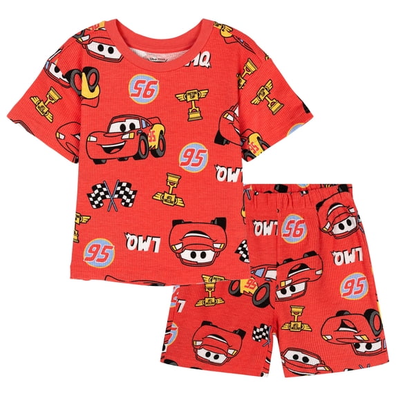 Disney Cars Lightning McQueen Waffle Knit Drop Shoulder T-Shirt and Shorts Outfit Set Infant to Little Kid