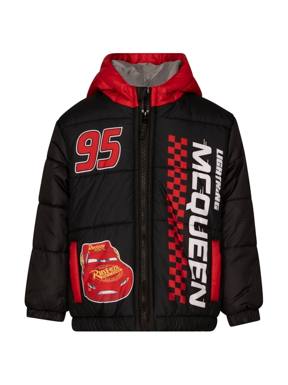 Cars Toddler Boys' Hooded Zip-Up Puffer Coat Black Red McQueen