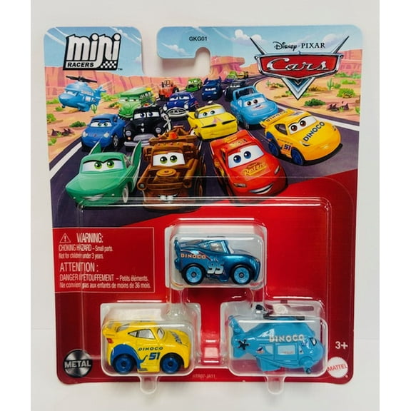 Disney Cars Mini Racers 3 Pack Sponsored by Dino Rotor Turbosky, Dinoco Cruz Ramirez, Dinoco Lightning McQueen