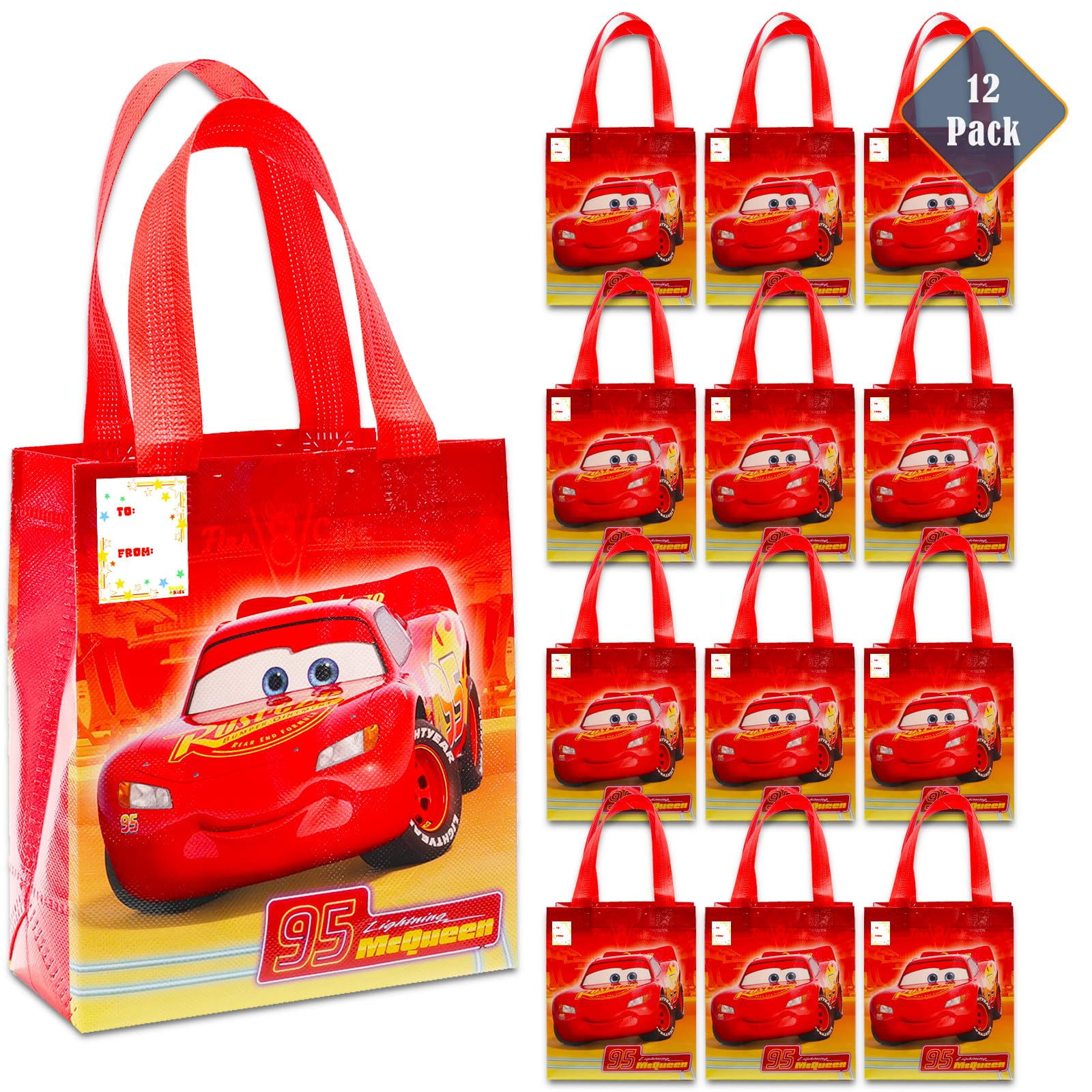Disney Cars Party Favor Bags Set 12 Pack of 8" Cars Party Goodie Bags for Kids Bulk Reusable Mini Totes | Lightning McQueen Birthday Party Supplies
