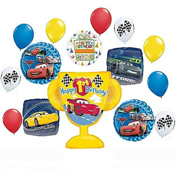 Disney Cars Party Supplies Lightning McQueen 1st Birthday Trophy Balloon Bouquet Decorations 15 pieces