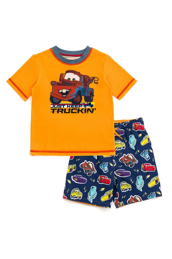 Cars Tow Mater UPF 50+ Rash Guard and Swim Trunks Outfit Set Toddler to Little Kid