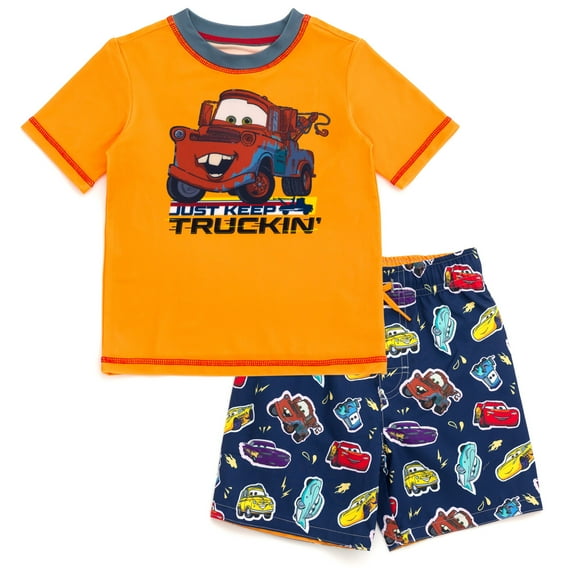 Disney Cars Tow Mater UPF 50+ Rash Guard and Swim Trunks Outfit Set Toddler to Little Kid