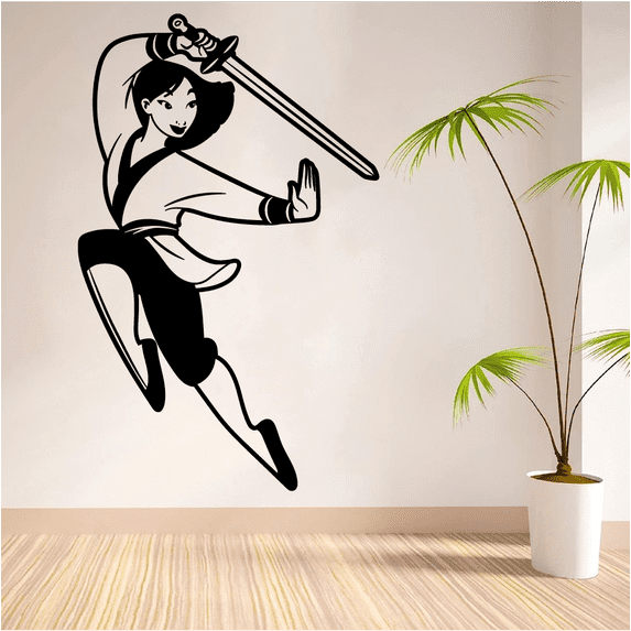 Disney Cartoon Character Mulan And Sword Jian Cute Silhouette Wall Sticker Design For Kids Boys Girls Room Bedroom Fun Wall Home Decal Design Stickers Wall Art Vinyl Decoration Size (10x10 inch)