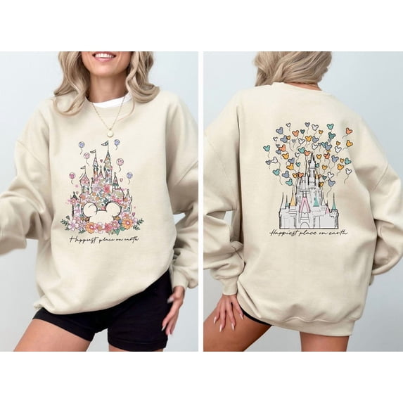 Disney Castle Floral Sweatshirt, Magic Kingdom Sweatshirt, Vintage Disney Sweatshirt, Happiest Place On Earth Sweatshirt,Sand Color,Size L