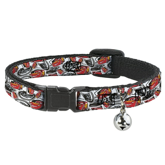 Disney Cat Collar, Breakaway Collar with Bell, Cars 3 Lightning McQueen Storm Jackson Poses Scattered White, 8.5 to 12 Inches 0.5 Inch Wide