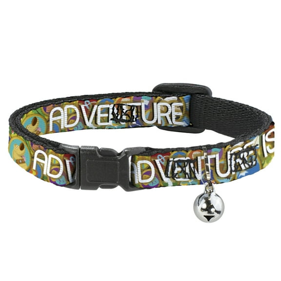 Disney Cat Collar, Breakaway Collar with Bell, Adventure Is Out There Stacked Wilderness Explorer Badges Tan, 8.5 to 12 Inches 0.5 Inch Wide