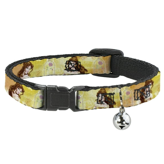 Disney Cat Collar, Breakaway Collar with Bell, Belle Poses Enchanted Rose Story Script Yellow Pinks, 8.5 to 12 Inches 0.5 Inch Wide