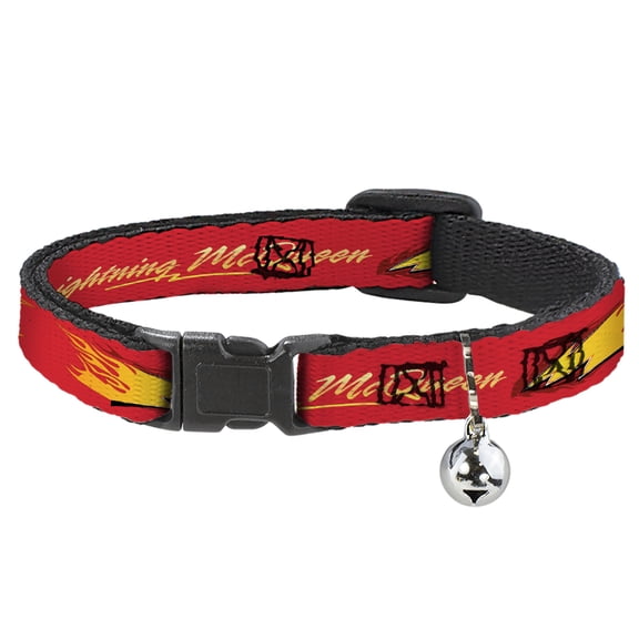 Disney Cat Collar, Breakaway Collar with Bell, Cars Lightning McQueen Text with Bolt Flames Red Yellows, 8.5 to 12 Inches 0.5 Inch Wide