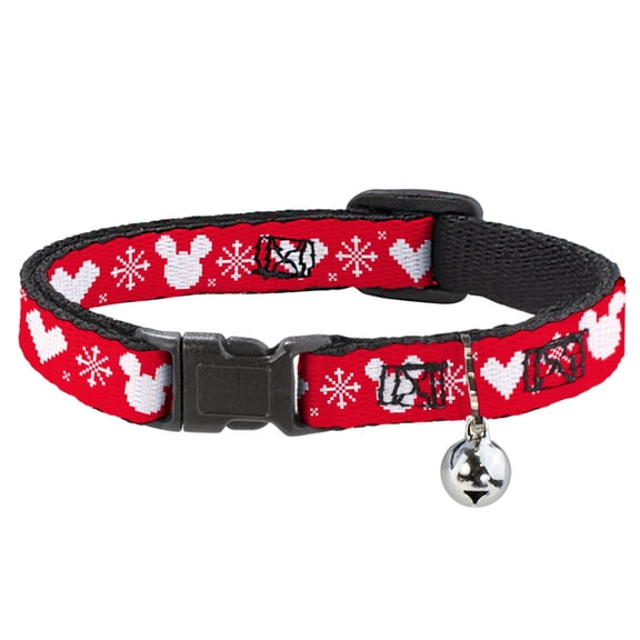Disney Cat Collar, Breakaway Collar with Bell, Disney Holiday Mickey Mouse Heart Sweater Stitch Red White, 8.5 to 12 Inches 0.5 Inch Wide