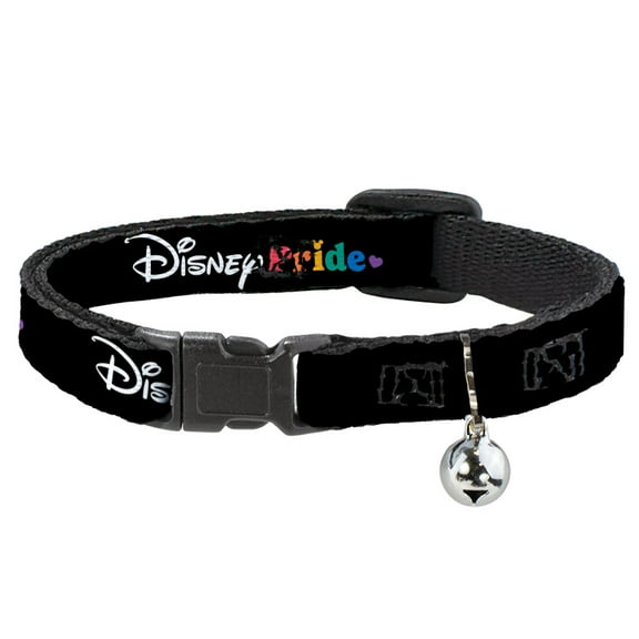 Disney Cat Collar, Breakaway Collar with Bell, Disney Pride Signature Logo Black White Rainbow, 8.5 to 12 Inches 0.5 Inch Wide