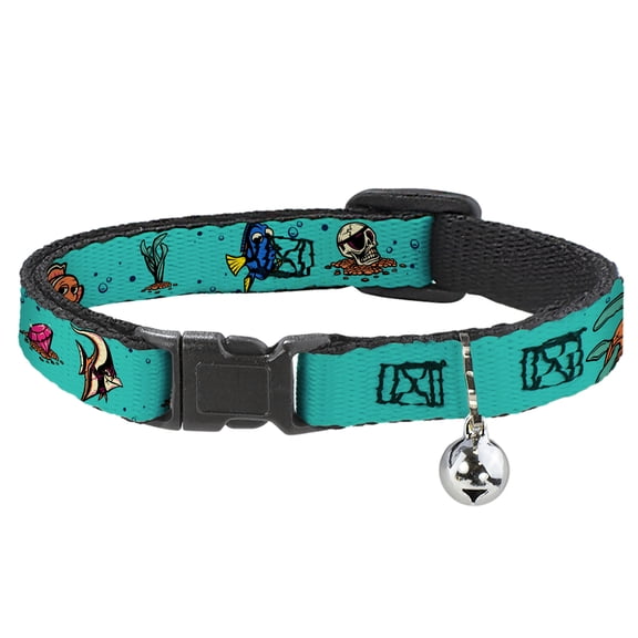 Disney Cat Collar, Breakaway Collar with Bell, Finding Nemo Fish and Under Sea Treasures Aqua Blue, 8.5 to 12 Inches 0.5 Inch Wide