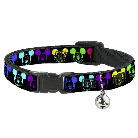 Disney Cat Collar, Breakaway Collar with Bell, Mickey Expressions Black Multi Neon, 8.5 to 12 Inches 0.5 Inch Wide