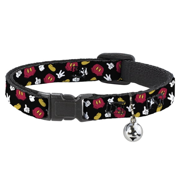 Disney Cat Collar, Breakaway Collar with Bell, Mickey Mouse Costume Elements Scattered Black, 8.5 to 12 Inches 0.5 Inch Wide