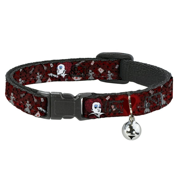 Disney Breakaway Cat Collar With Bell, Plastic Clip, Easy Adjustable, Queen of Hearts Poses Hearts Cards Reds Black, 8.5 to 12 Inches 0.5 Inch Wide