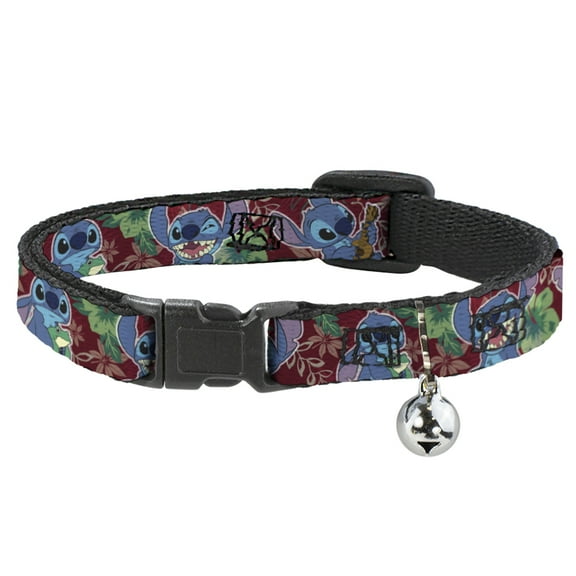 Disney Breakaway Cat Collar With Bell, Plastic Clip, Easy Adjustable, Stitch Expressions Tropical Flora Burgundy Reds Greens, 8.5 to 12 Inches 0.5 Inch Wide