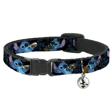 Disney Cat Collar, Breakaway Collar with Bell, Stitch Snacking Poses Black Blue, 8.5 to 12 Inches 0.5 Inch Wide