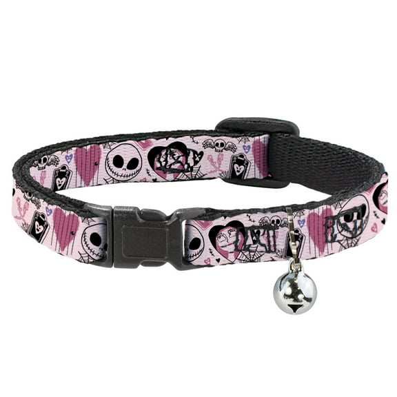 Disney Cat Collar, Breakaway Collar with Bell, The Nightmare Before Christmas Jack and Sally Doodles Pink, 8.5 to 12 Inches 0.5 Inch Wide