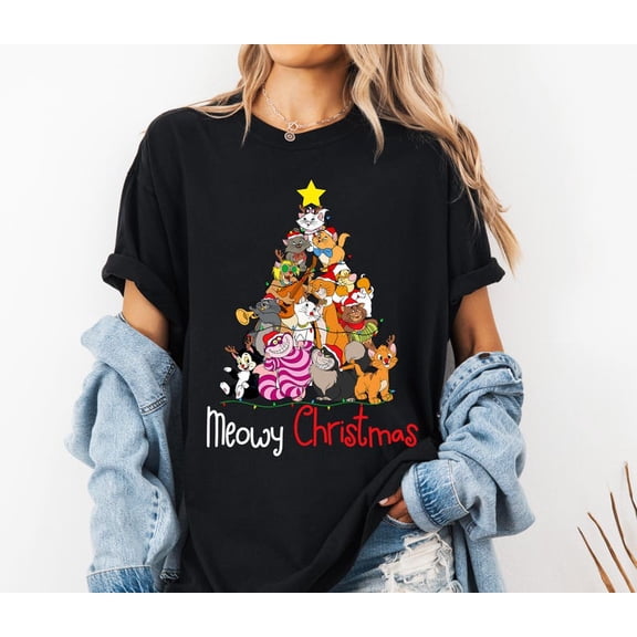 Disney Cats ChristmasTree Meowy Christmas T-Shirt, Aristocats Christmas Shirt, Disneyland Xmas Vacation Shirt, Disney Matching Birthday Gift ,Black Color,Size M