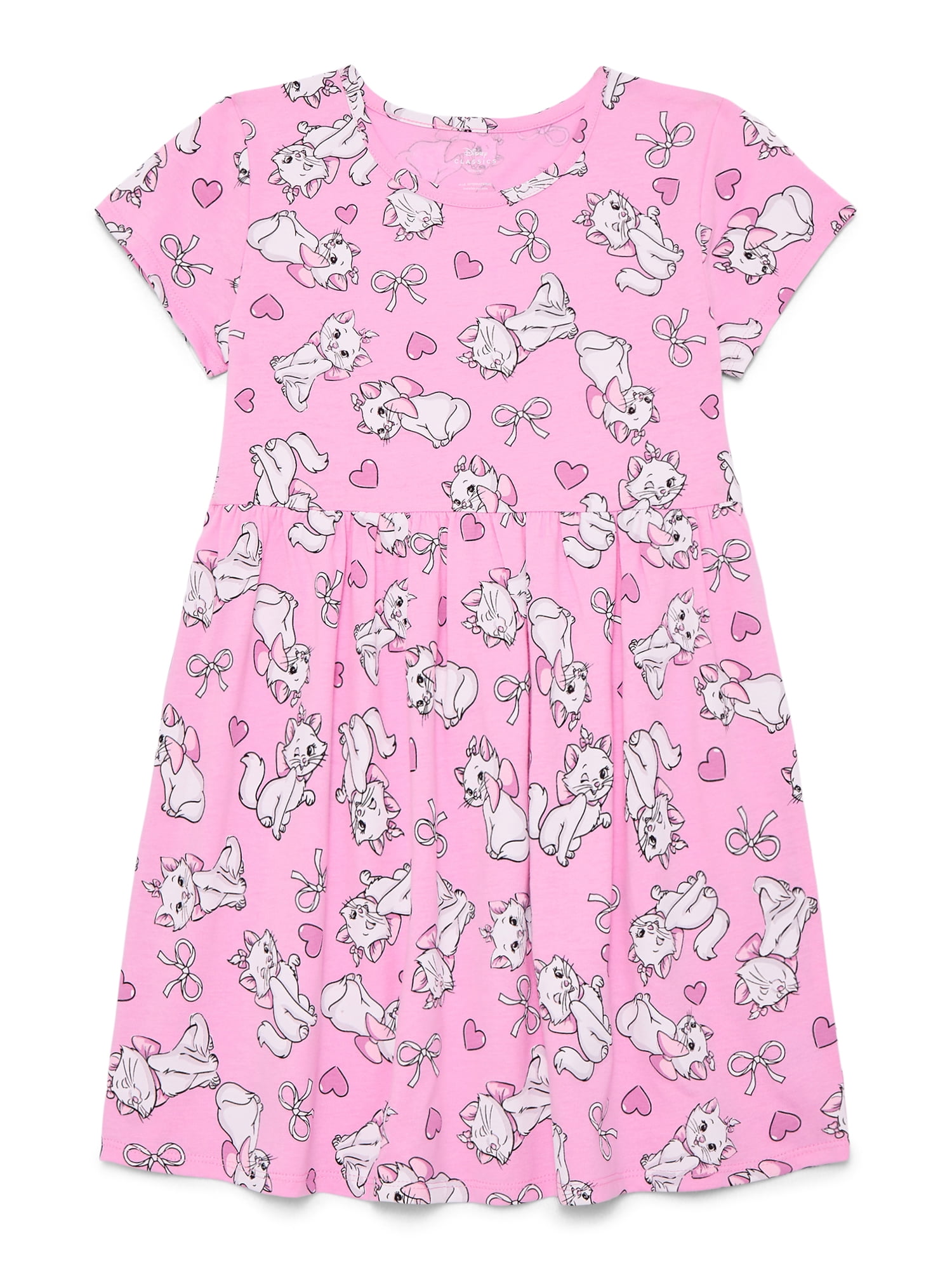 Marie Aristocats Girls Allover Print Dress with Short Sleeves, Sizes 4-12