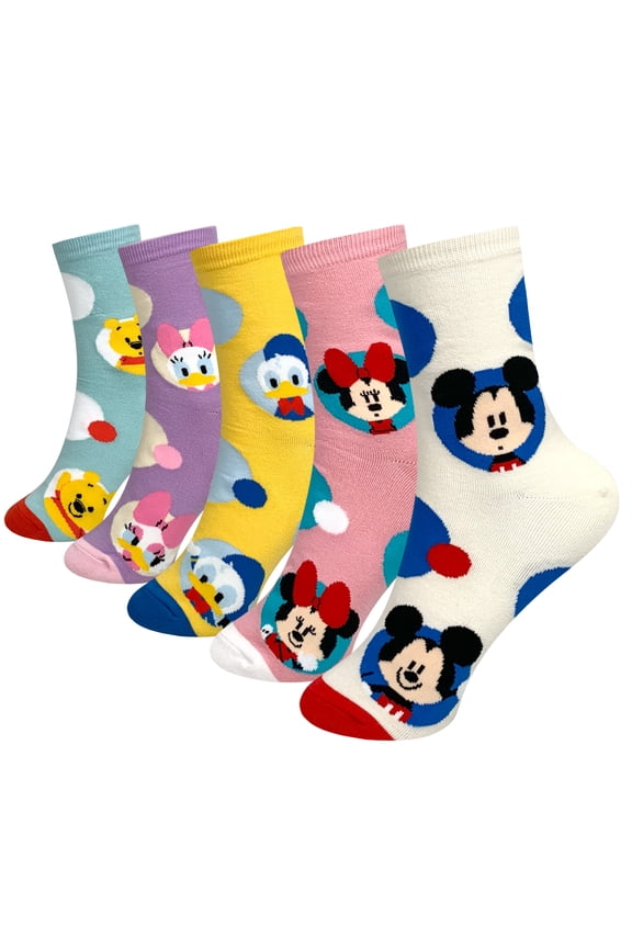 Character Crew Socks, 5 Pairs Set, Mickey Mouse Minnie Donald Daisy Pooh, Multi-Color
