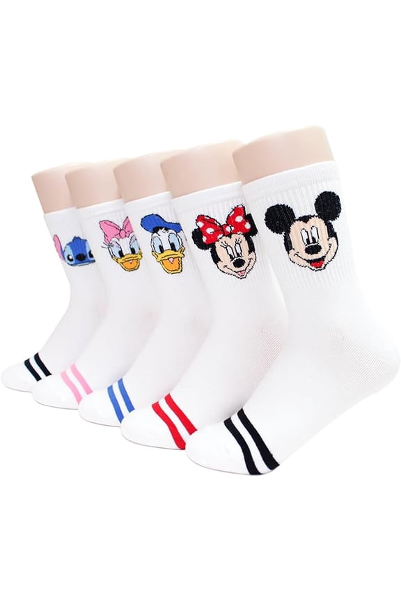 Character Crew Socks, 5 Pairs Set, Mickey Mouse Minnie Donald Daisy Pooh, Multi-Color
