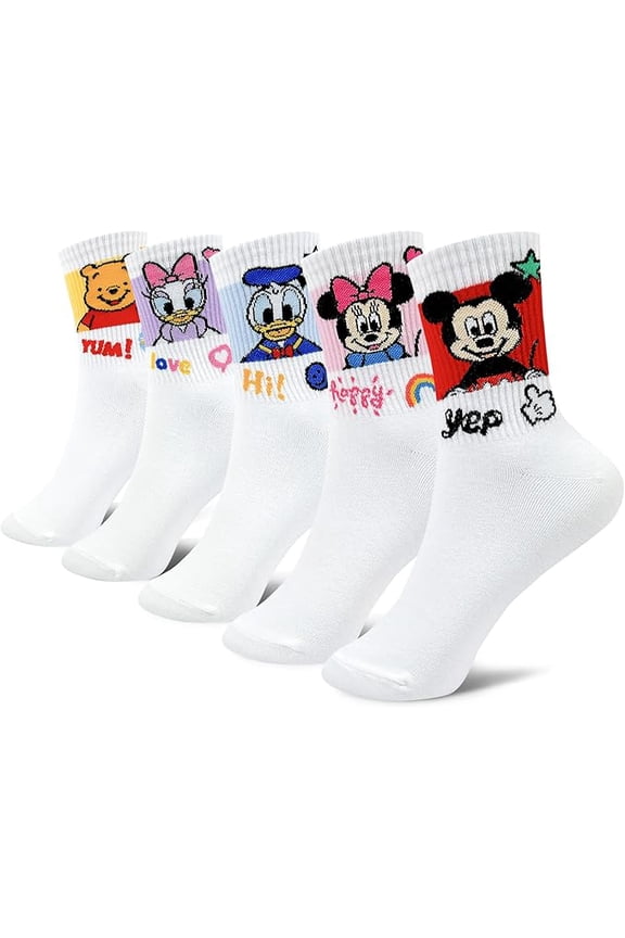Character Crew Socks, 5 Pairs Set, Mickey Mouse Minnie Donald Daisy Pooh, Multi-Color