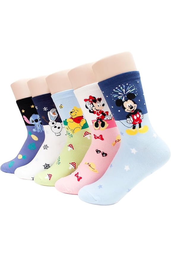 Character Crew Socks, 5 Pairs Set, Mickey Mouse Minnie Donald Daisy Pooh, Multi-Color