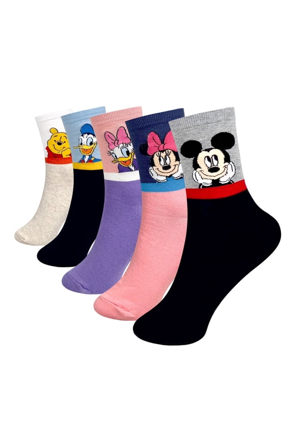 Character Crew Socks, 5 Pairs Set, Mickey Mouse Minnie Donald Daisy Pooh, Multi-Color
