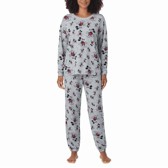 Disney Women's Mickey Mouse 2-Pc Printed Long Sleeve Soft Jersey Pajama Lounge Set (Gray, M)