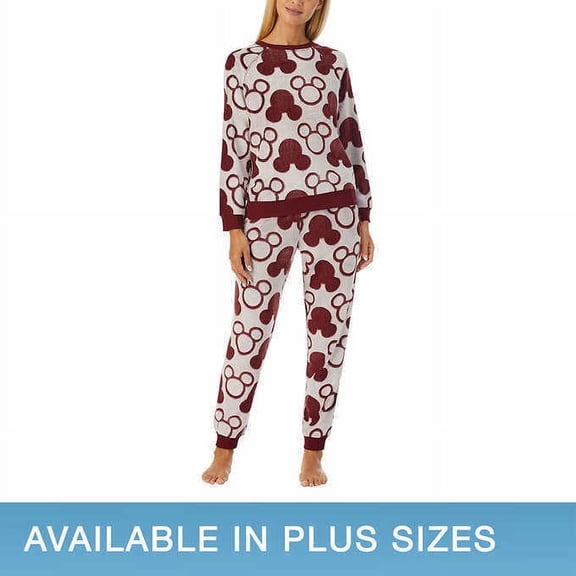 Disney Character Mickey Mouse Ladies' Fleece 2-piece Pajama Set (XS, Burgundy)