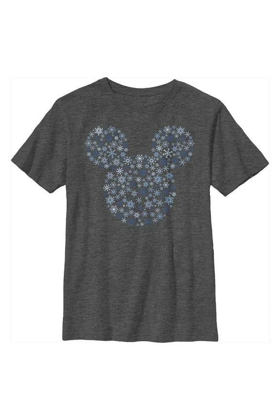 Characters Mickey Ear Snowflakes Boy's Crew Tee, Charcoal Heather, XS