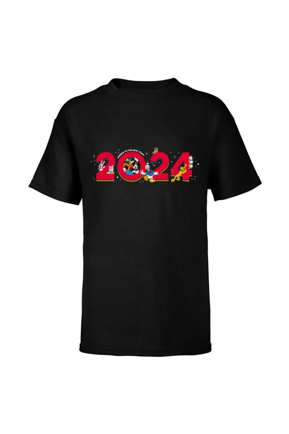 Characters Mickey & More Cheers to the New Year 2024 - Short Sleeve T-Shirt for Kids - Customized-Black