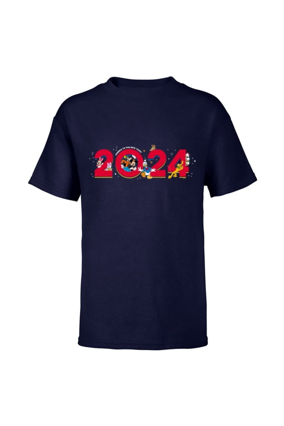 Characters Mickey & More Cheers to the New Year 2024 - Short Sleeve T-Shirt for Kids - Customized-Navy