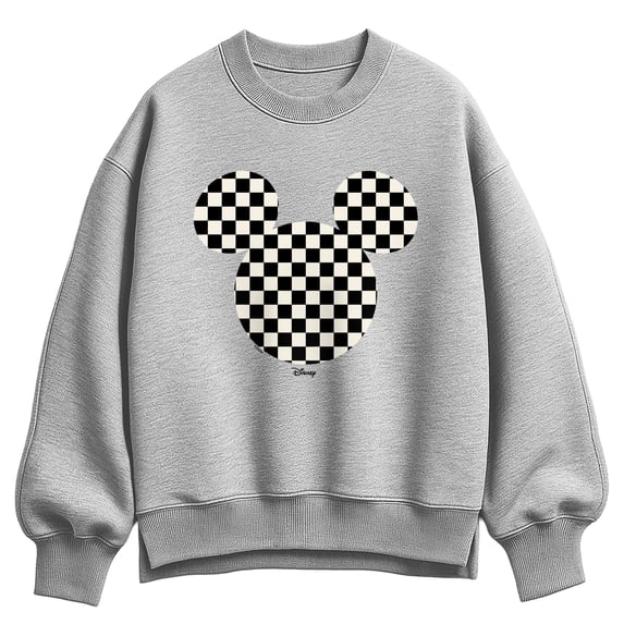 Disney - Checkerboard Mickey Ears Oversized Fleece Crew Sweatshirt