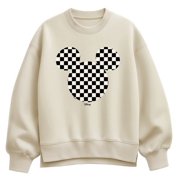 Disney - Checkerboard Mickey Ears Oversized Fleece Crew Sweatshirt